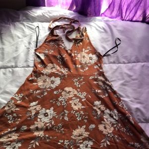 light brown, short, over the shoulder, low back dress